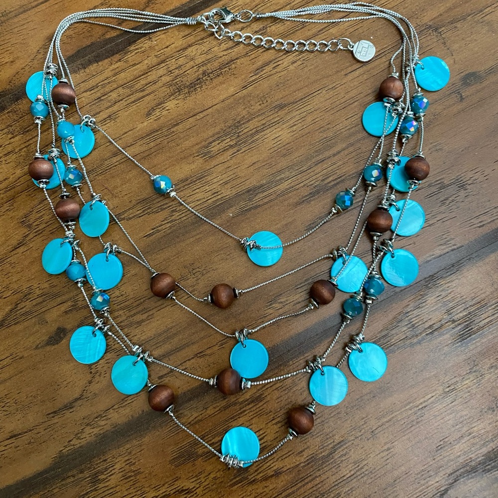 NWOT Elegant Multi-Layered Teal and Brown Necklace and Earrings